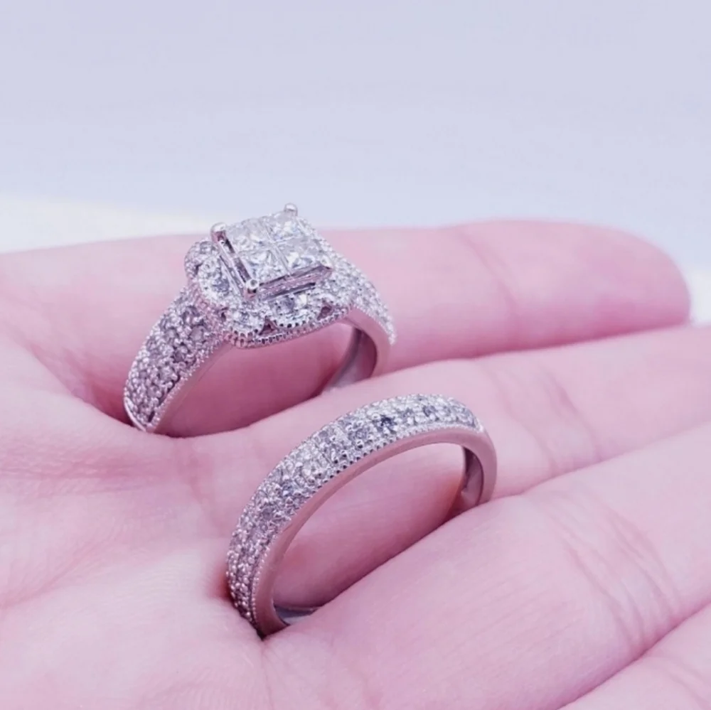 14k White Gold Diamond Engagement Ring & Wedding Band Bridal Set